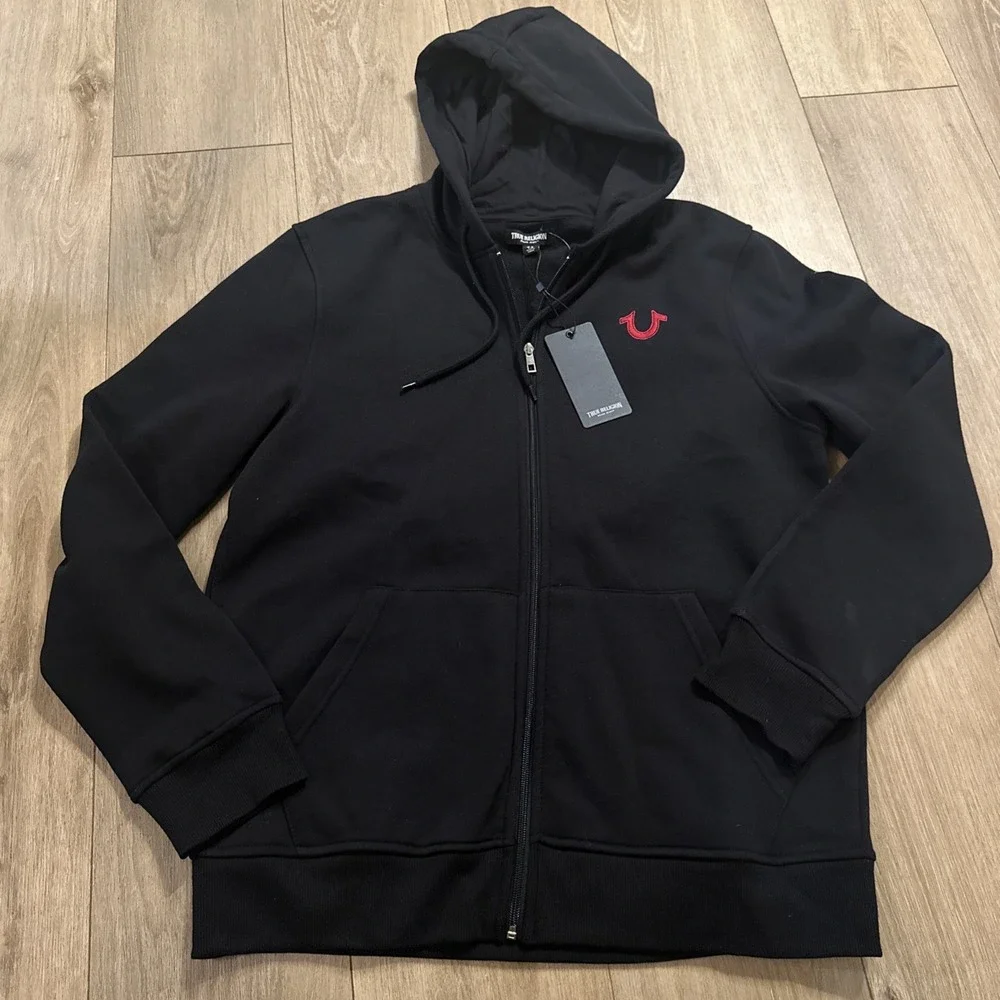 True Religion‎ Men's Full Zip Hoodie Black Embroidered Logo Large NEW